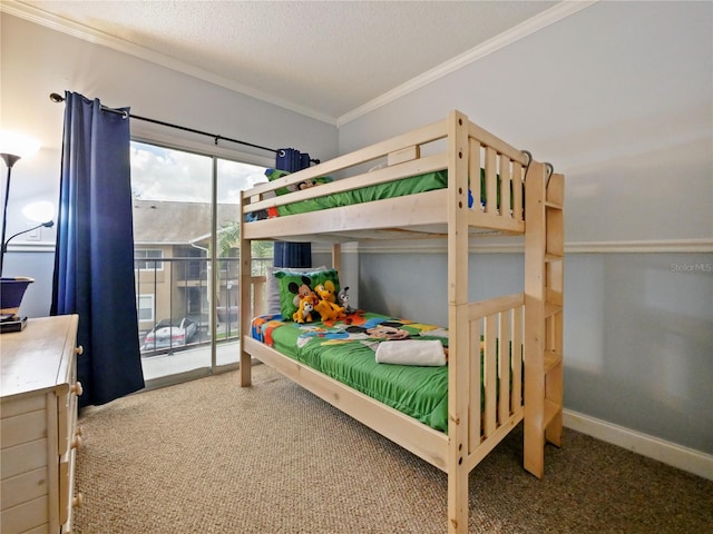 bedroom featuring crown molding, a textured ceiling, and carpet