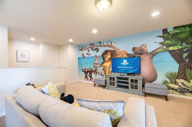 carpeted living room featuring a textured ceiling