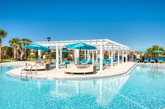 view of pool with a patio and a pergola