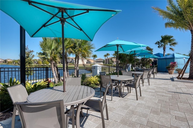 view of patio / terrace featuring a water view