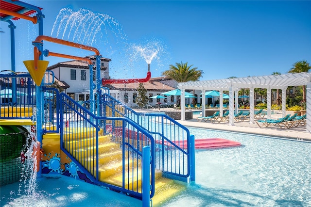 view of jungle gym featuring a pergola