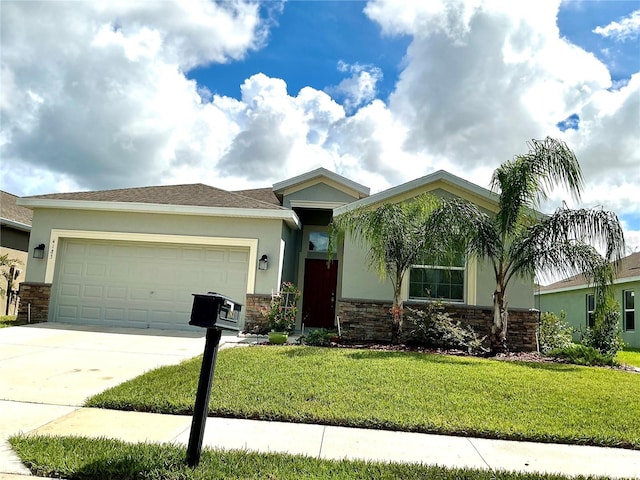 single story home featuring a garage, stone siding, a front yard, and stucco siding