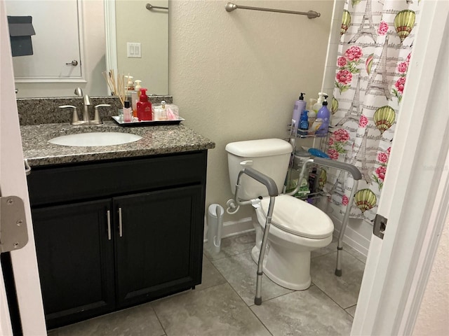 4183 Cortland Dr, Davenport, FL 33837 - bathroom featuring vanity, a textured wall, toilet, tile patterned floors, and a shower with curtain