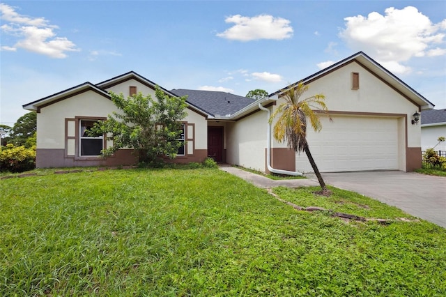 ranch-style home with a garage and a front yard