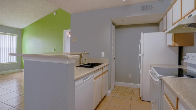 kitchen featuring white cabinets, white appliances, kitchen peninsula, and sink