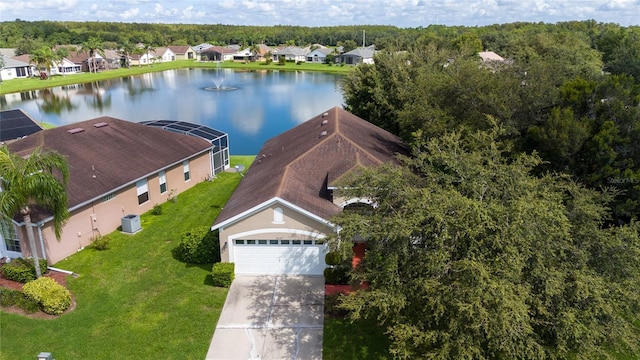 bird's eye view featuring a residential view and a water view