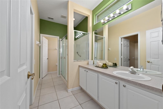 bathroom with a shower stall, vanity, visible vents, and tile patterned floors