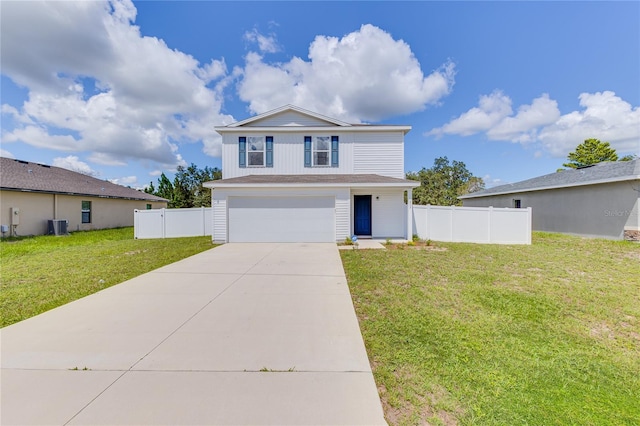 view of front facade with central AC, fence, concrete driveway, an attached garage, and a front yard