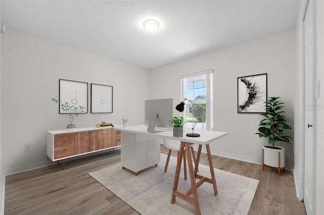 office space with a textured ceiling and light hardwood / wood-style flooring