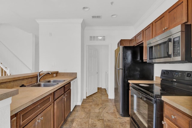 kitchen with ornamental molding, dishwasher, sink, and electric range