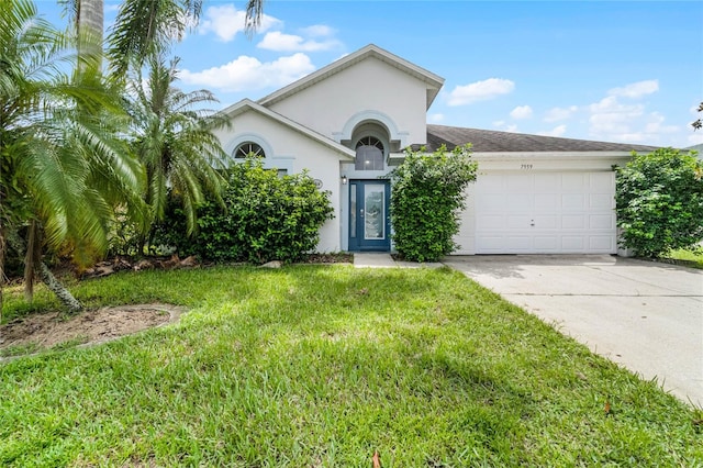 ranch-style house with a front lawn and a garage