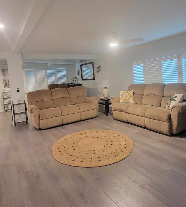 living room featuring light wood-type flooring and beam ceiling