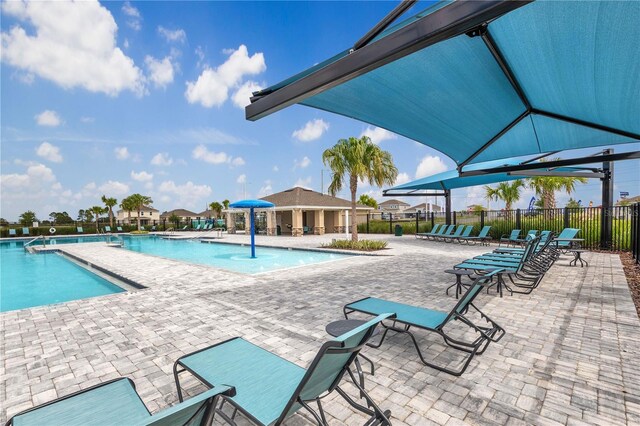 view of swimming pool with a patio area and pool water feature