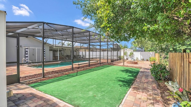 view of patio with glass enclosure and a fenced in pool