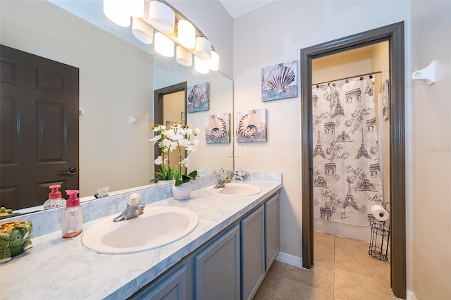 bathroom with tile patterned floors, walk in shower, and vanity