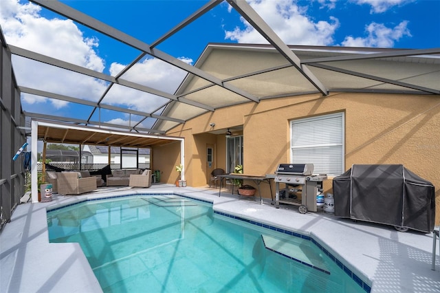 view of pool featuring glass enclosure, area for grilling, outdoor lounge area, and a patio area