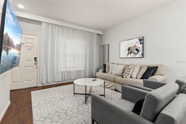 living room with dark hardwood / wood-style floors