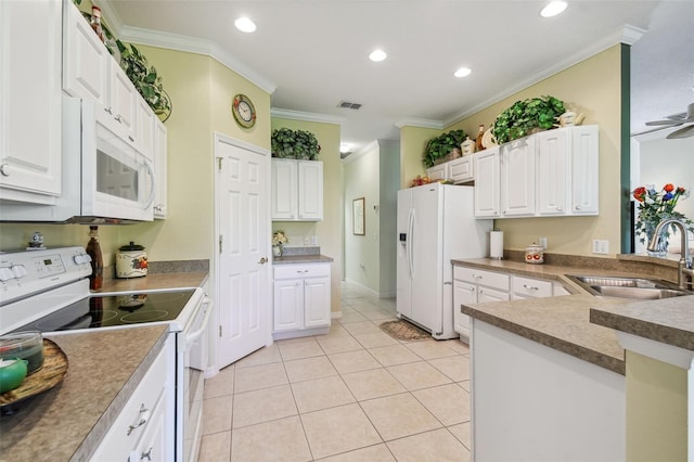 kitchen with white appliances, light tile patterned floors, crown molding, sink, and ceiling fan