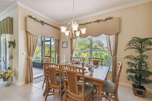 dining room with crown molding, an inviting chandelier, and light tile patterned floors