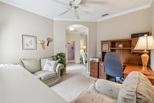 home office featuring ornamental molding, light tile patterned flooring, and ceiling fan