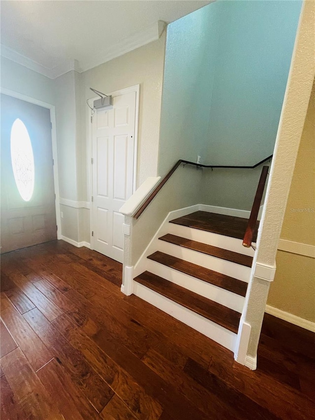 entryway with ornamental molding and dark hardwood / wood-style flooring