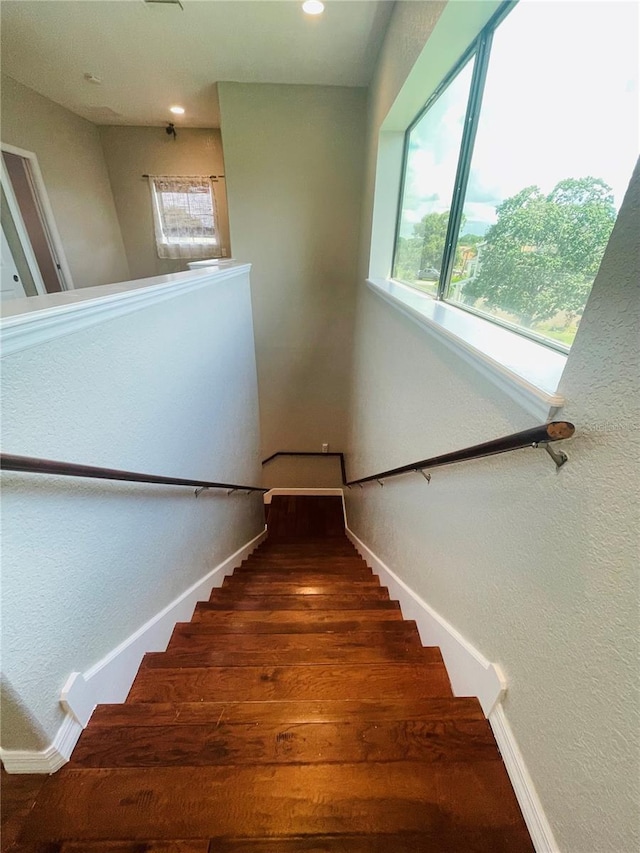 stairs featuring a wealth of natural light and hardwood / wood-style floors