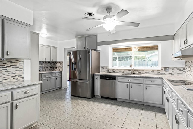 kitchen with gray cabinetry, ceiling fan, sink, tasteful backsplash, and appliances with stainless steel finishes