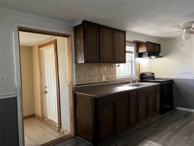 kitchen with dark brown cabinetry, sink, light hardwood / wood-style flooring, and black range with electric cooktop