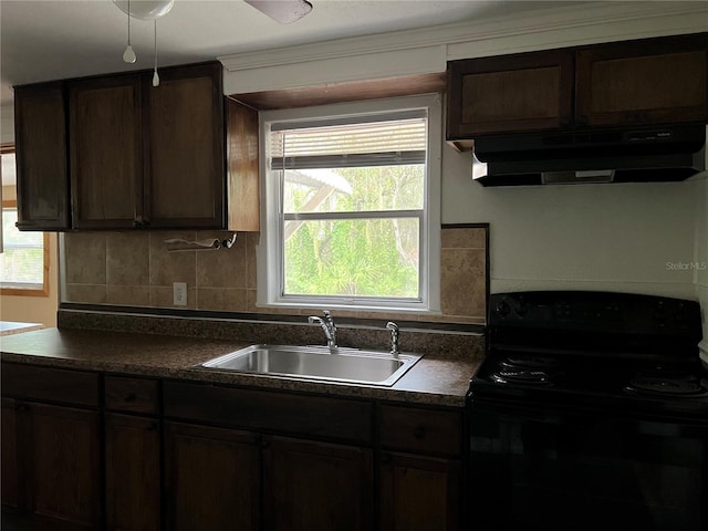 kitchen featuring backsplash, black range with electric stovetop, sink, ornamental molding, and dark brown cabinets