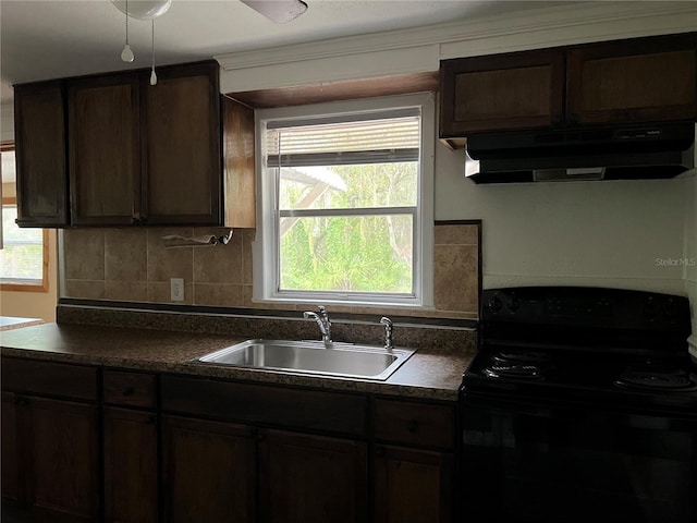 6790 Bass Hwy, Saint Cloud, FL 34771 - kitchen with black range with electric cooktop, under cabinet range hood, a sink, dark countertops, and dark brown cabinetry