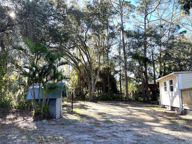 view of yard with a storage shed