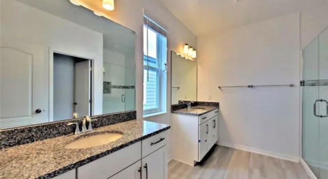 bathroom with vanity, a shower with door, wood-type flooring, and a healthy amount of sunlight