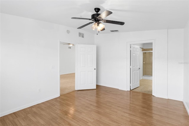 unfurnished bedroom featuring ceiling fan and light wood-type flooring