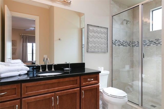 bathroom featuring a wealth of natural light, vanity, a shower with shower door, and toilet