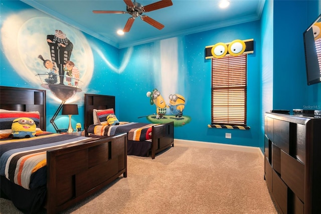 bedroom featuring ceiling fan, ornamental molding, and light carpet