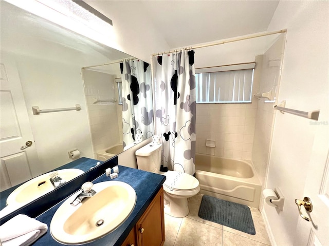 full bathroom with vanity, shower / bath combo with shower curtain, toilet, and tile patterned flooring