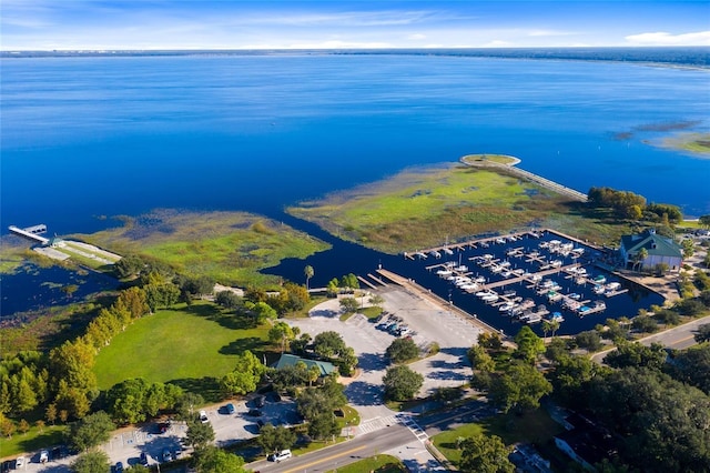 birds eye view of property featuring a water view