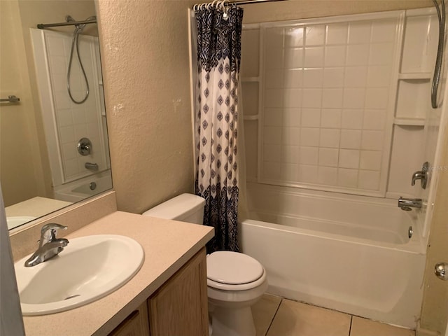 full bathroom with tile patterned flooring, toilet, shower / tub combo, and vanity