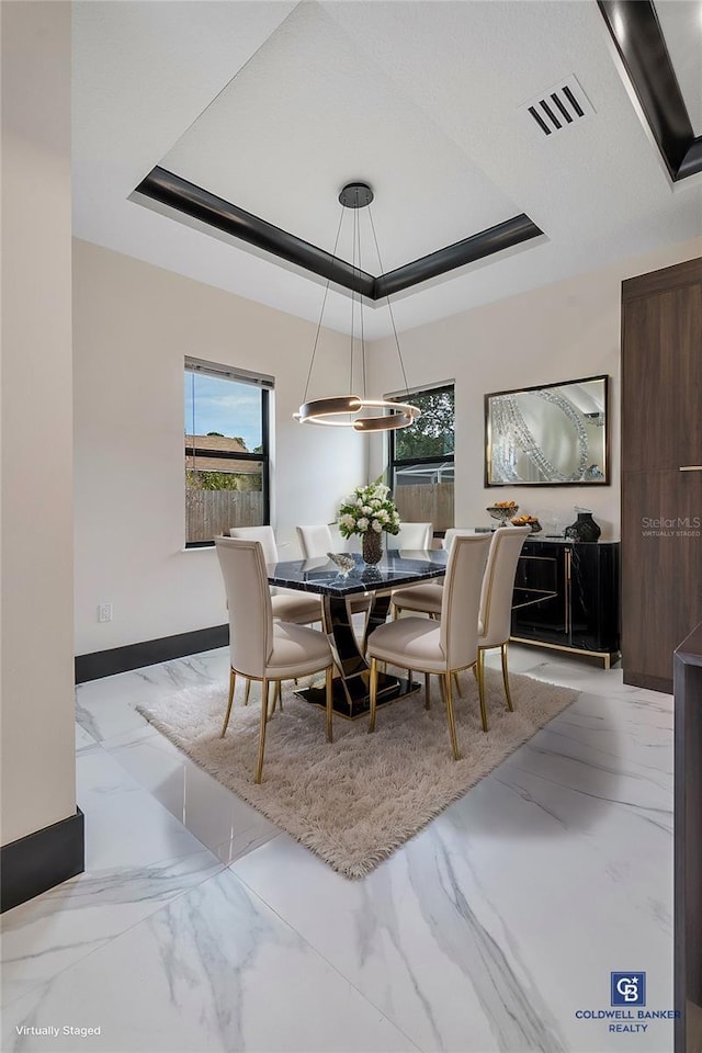 dining space featuring a raised ceiling