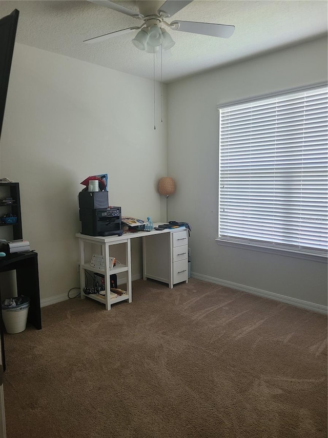 office area with ceiling fan, carpet floors, and a textured ceiling