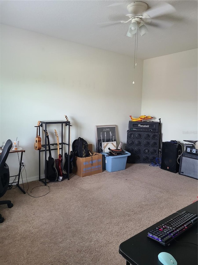 storage area with ceiling fan and carpet floors