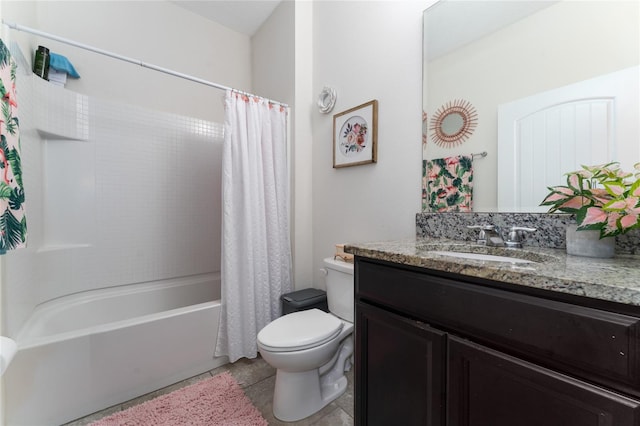 full bathroom with vanity, toilet, shower / bath combination with curtain, and tile patterned flooring