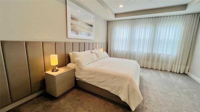 bedroom featuring carpet floors and a tray ceiling