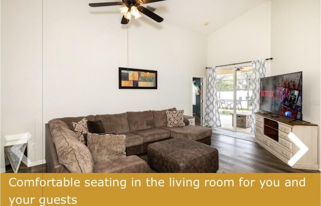 living room featuring high vaulted ceiling, dark wood-type flooring, and ceiling fan