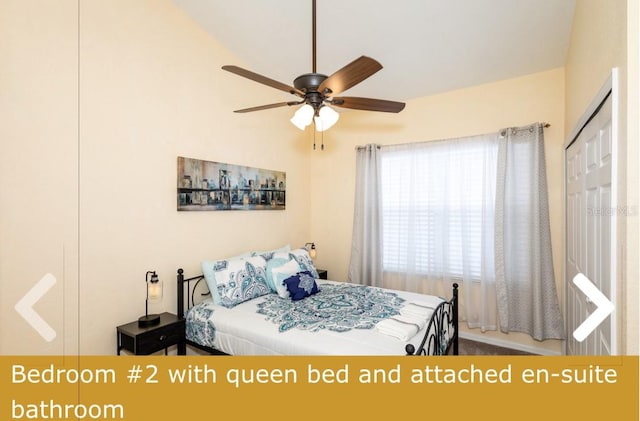 bedroom featuring a closet, lofted ceiling, and ceiling fan