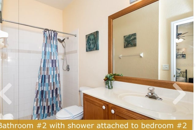 bathroom featuring vanity, a shower with shower curtain, and toilet