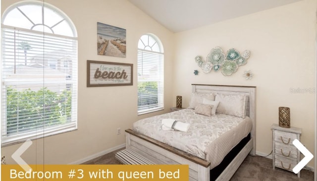 carpeted bedroom featuring vaulted ceiling