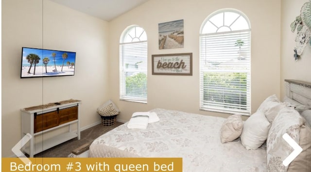 carpeted bedroom featuring lofted ceiling and multiple windows