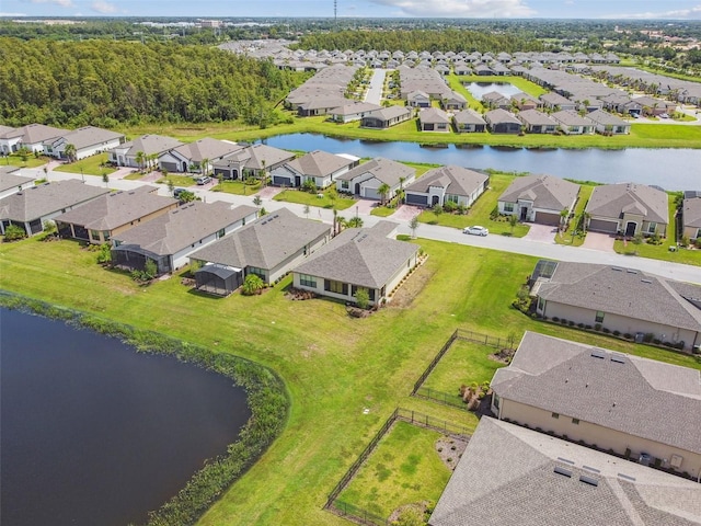 bird's eye view with a water view