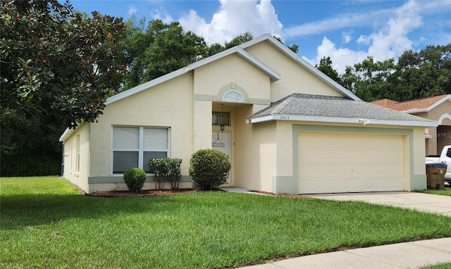 ranch-style house with a garage and a front yard